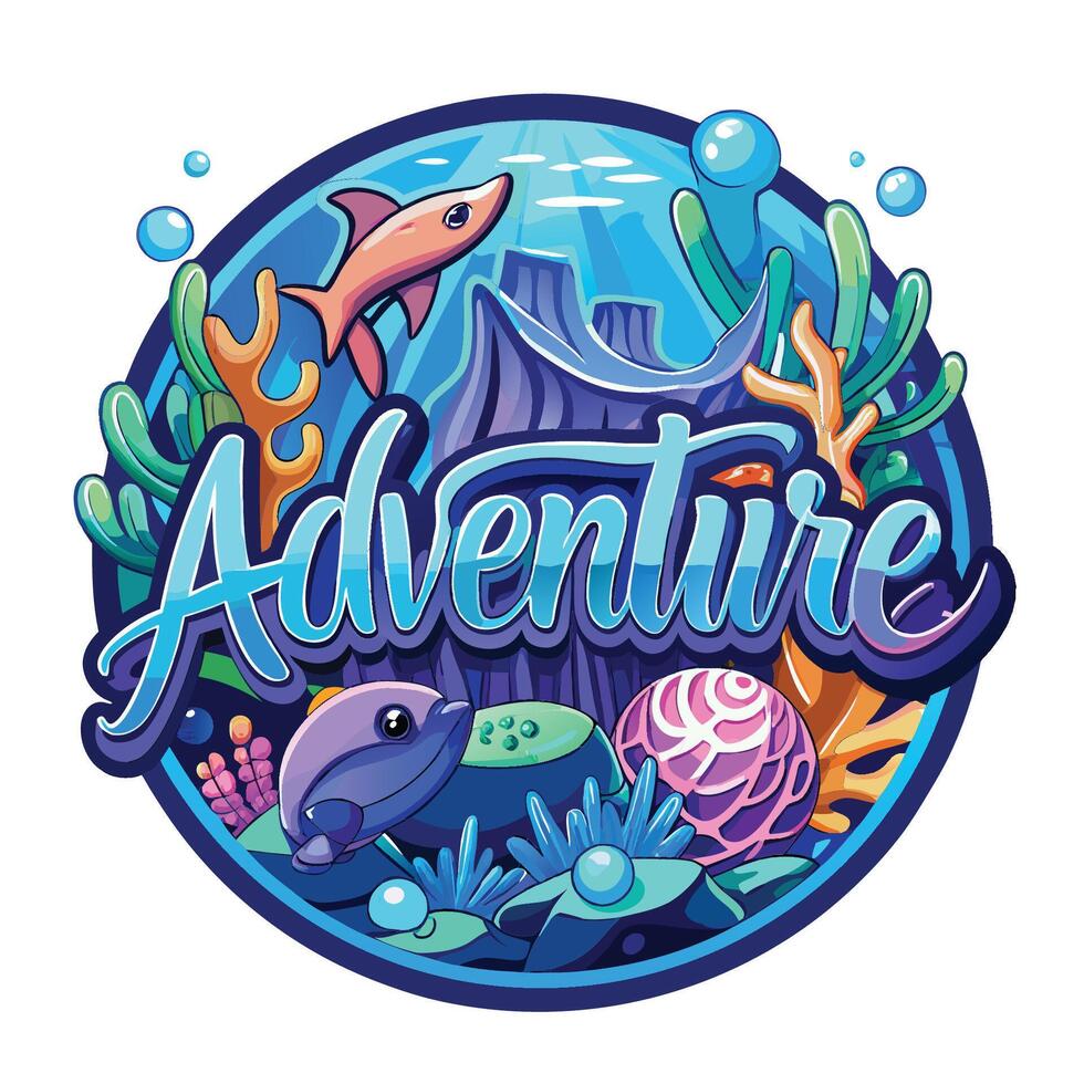 The word adventure is surrounded by sea life vector