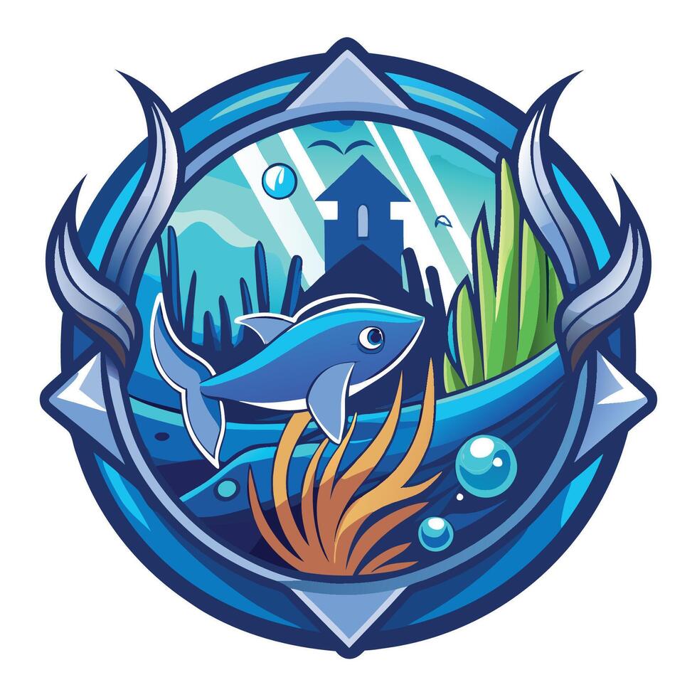A blue fish swimming in the ocean with a castle in the background vector