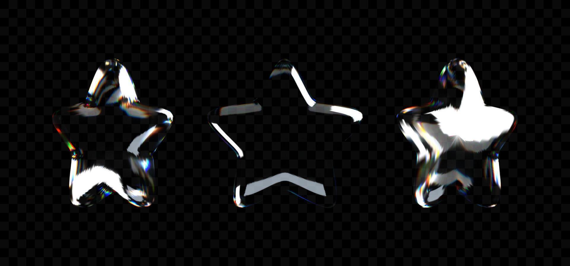 3D crystal glass star with refractive and holographic effects, isolated on a dark background. vector