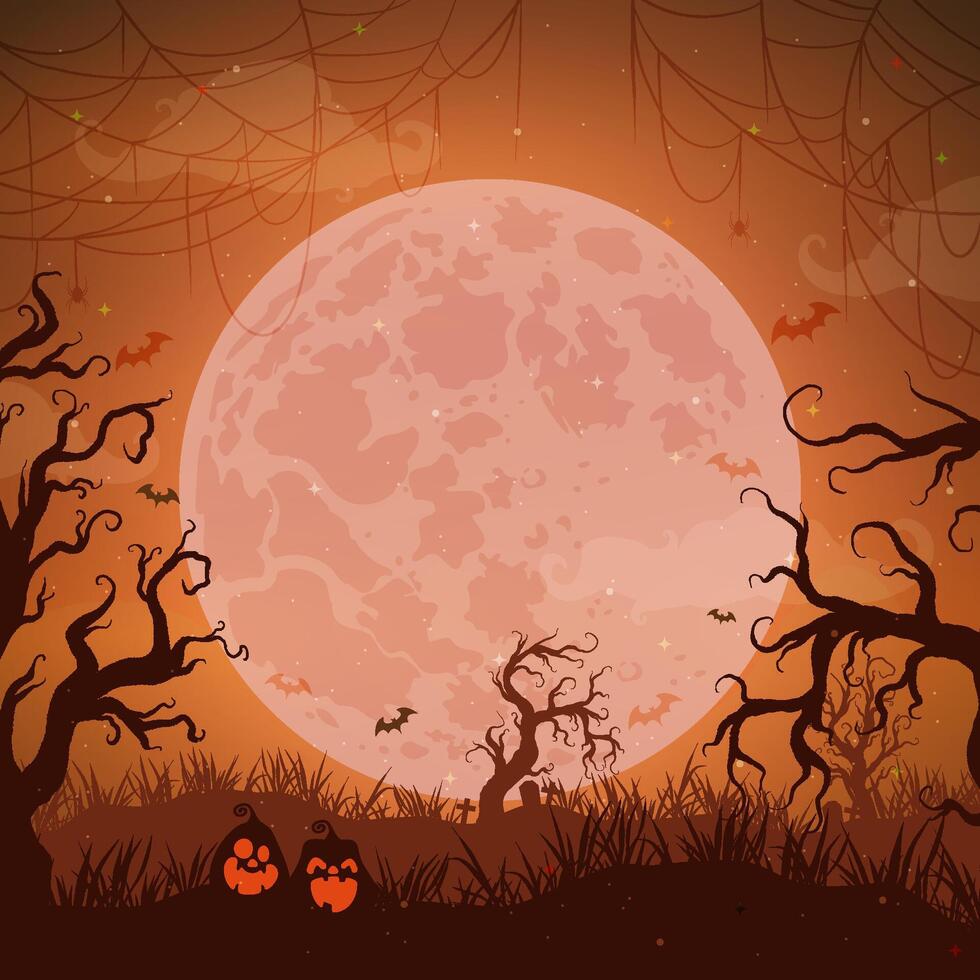 Shadowy Halloween scene with eerie pumpkins set against a backdrop of a full moon illuminating a haunted forest. vector