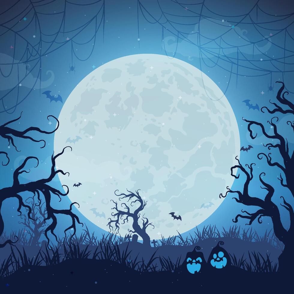 Shadowy Halloween scene with eerie pumpkins set against a backdrop of a full moon illuminating a haunted forest. vector