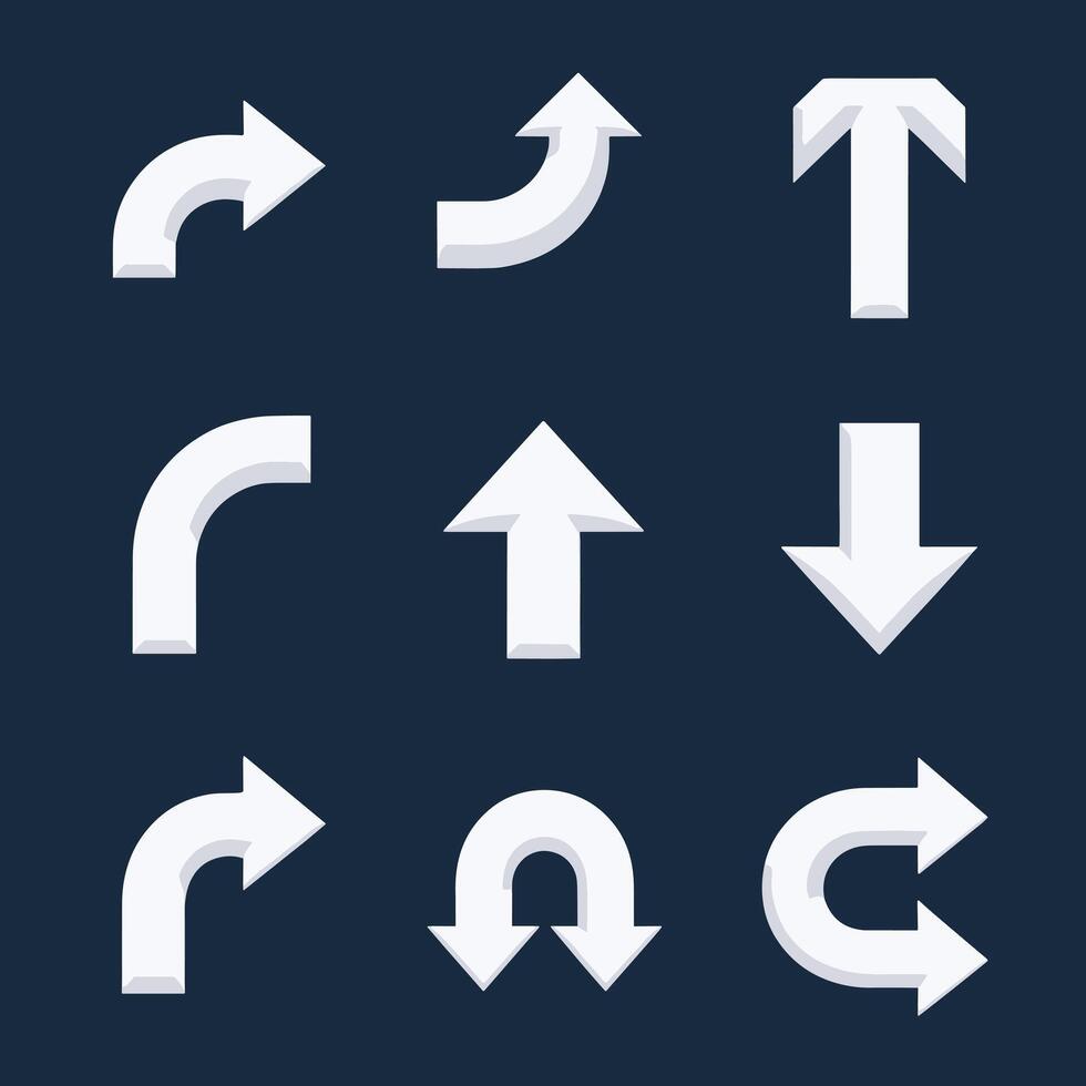 Set of white directional arrows with various shapes on a dark background. vector