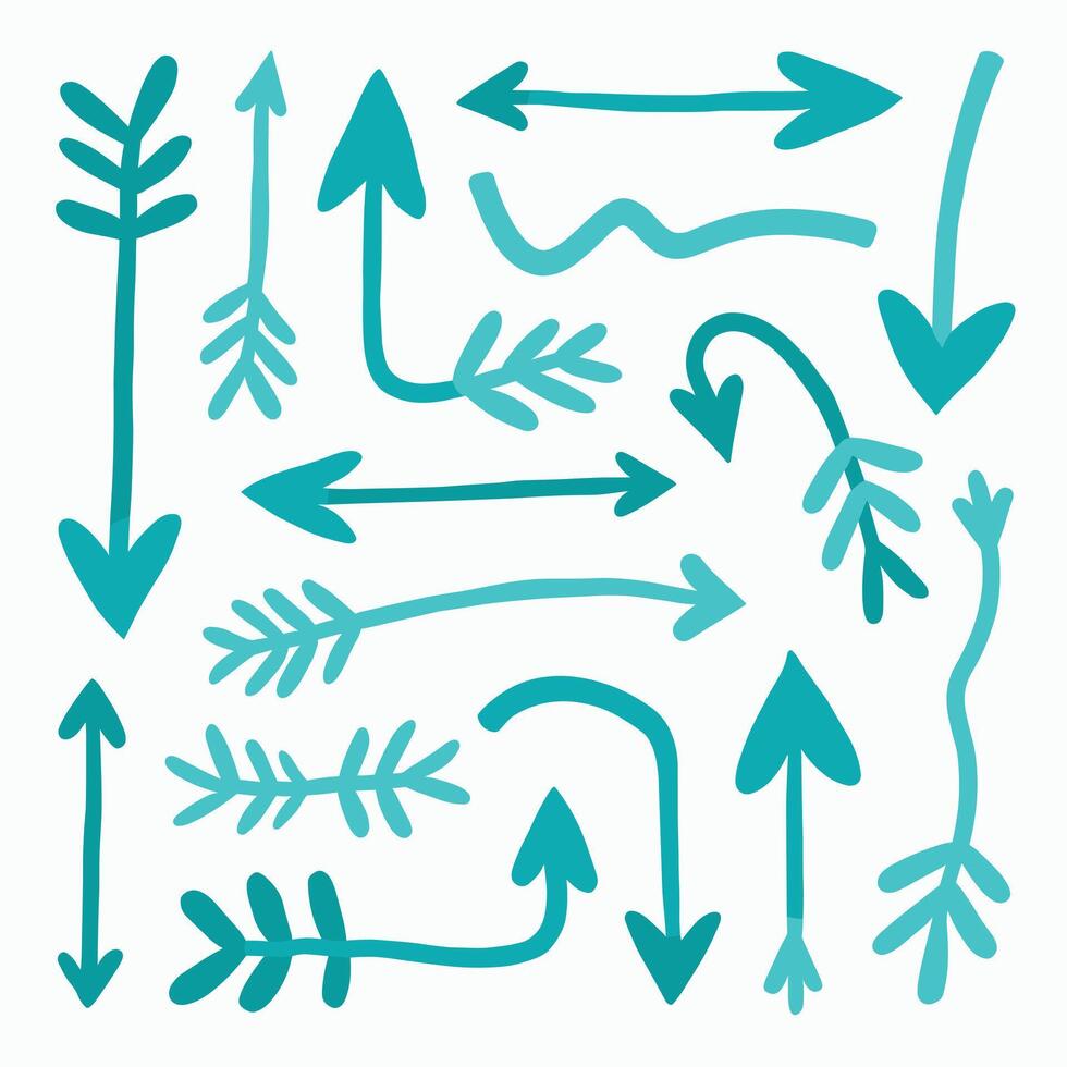 A collection of teal arrows in various shapes and directions on a white background. vector