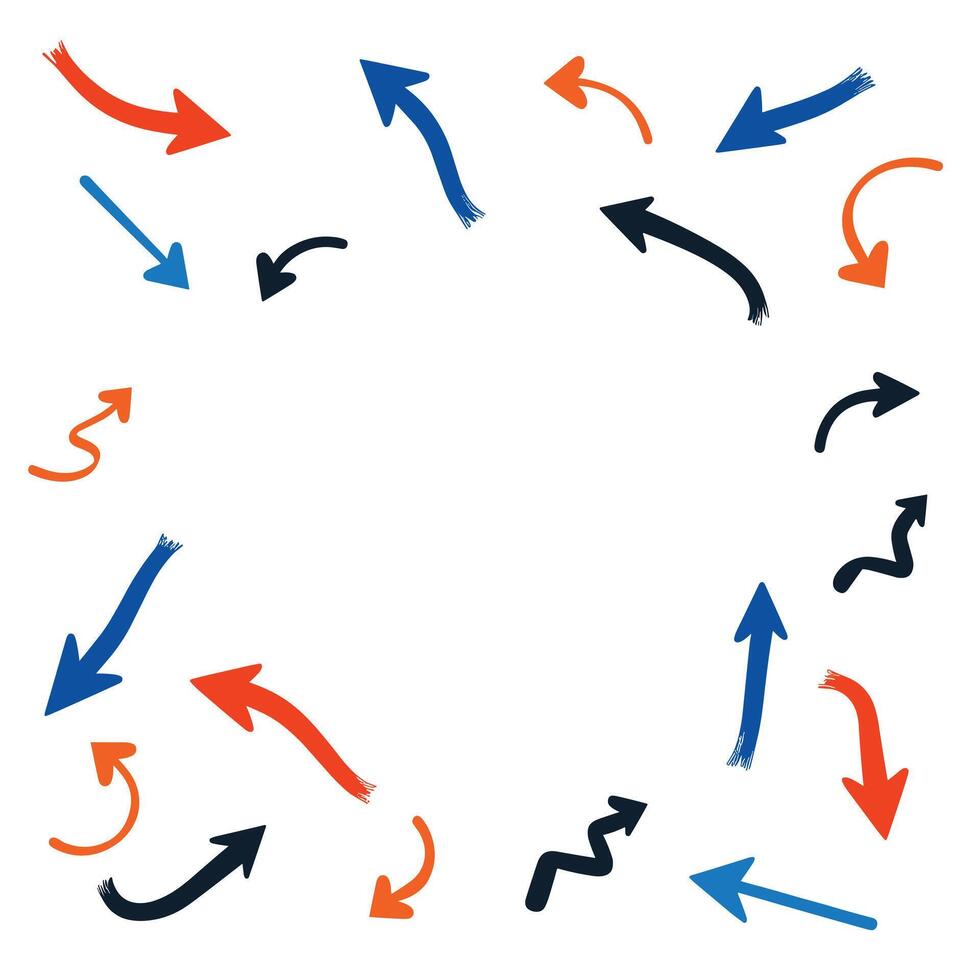 Colorful assorted arrows of different shapes and sizes pointing in various directions on a white background. vector