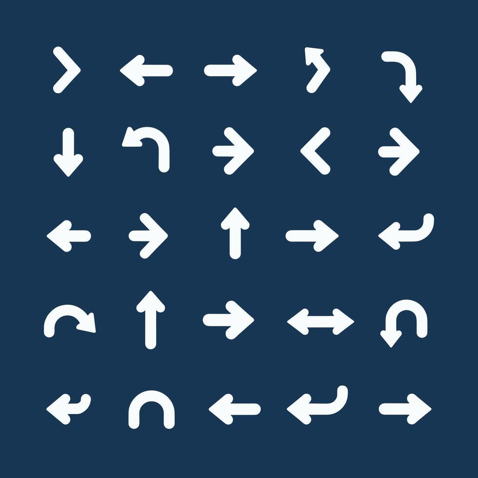 Set of white arrow icons on a dark blue background, showcasing various directions and pathways. vector