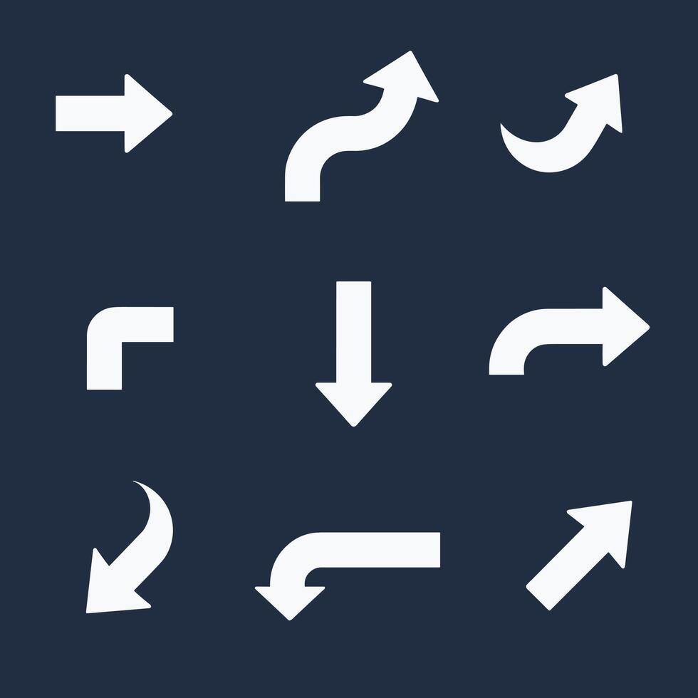 Set of white arrows pointing in different directions on a dark background. vector
