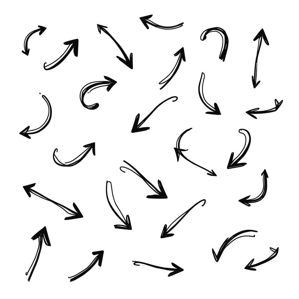 A variety of hand-drawn black arrows pointing in different directions on a white background. vector