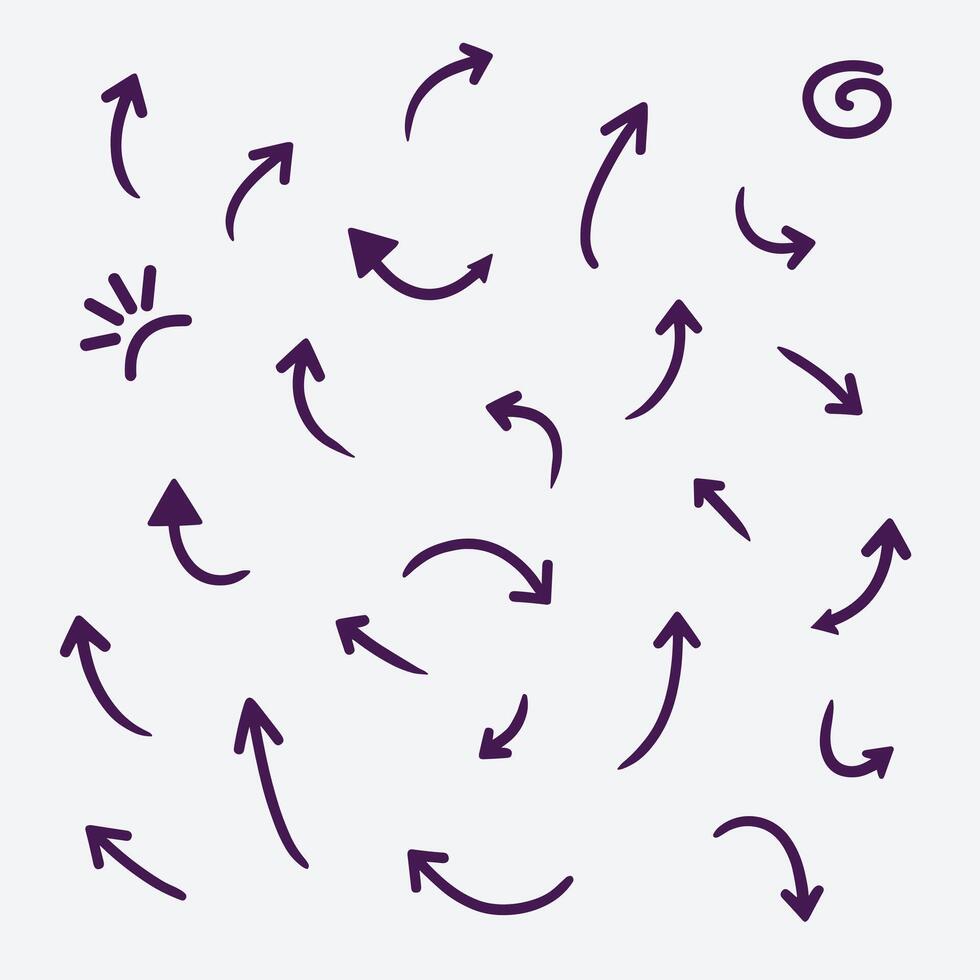 Hand-drawn purple arrows in various directions on a white background. vector