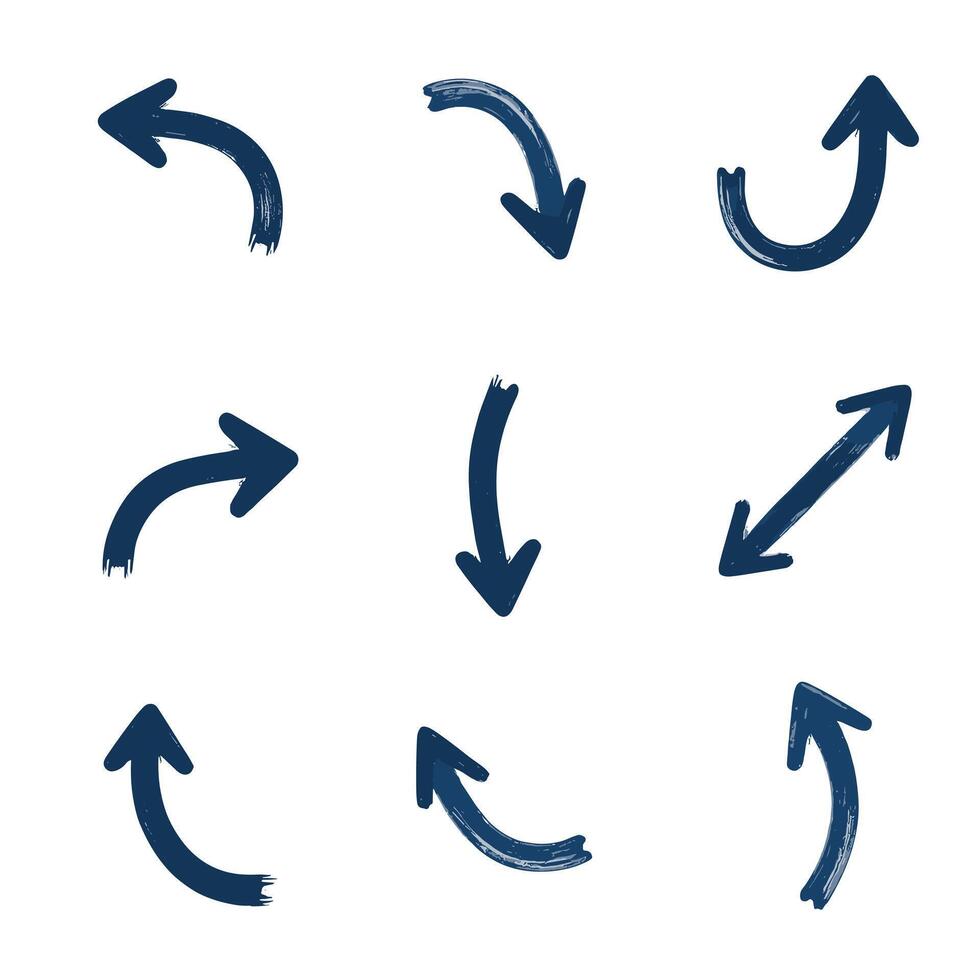 Collection of various hand-drawn dark blue arrows on a white background. vector