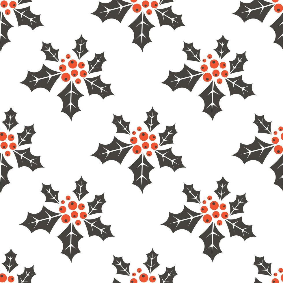 Seamless pattern with leaves and red holly berries. Christmas holiday background template. Illustration vector