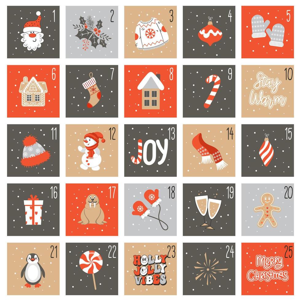Christmas advent calendar with Santa Claus, snowman, candies, gifts, christmas tree. Countdown holiday calendar. December dates festive events. Illustration vector