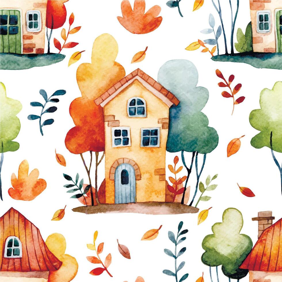 seamless pattern with houses. watercolor print with houses, autumn leaves and trees vector