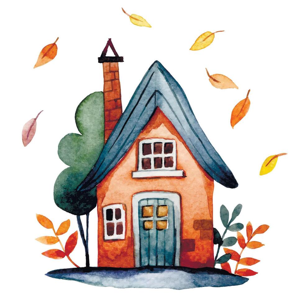 cute house. watercolor illustration with a house with autumn leaves and trees. vector