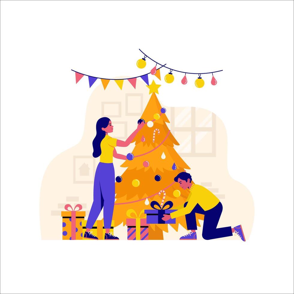 Festive Holiday Preparation Couple Decorating Christmas Tree vector