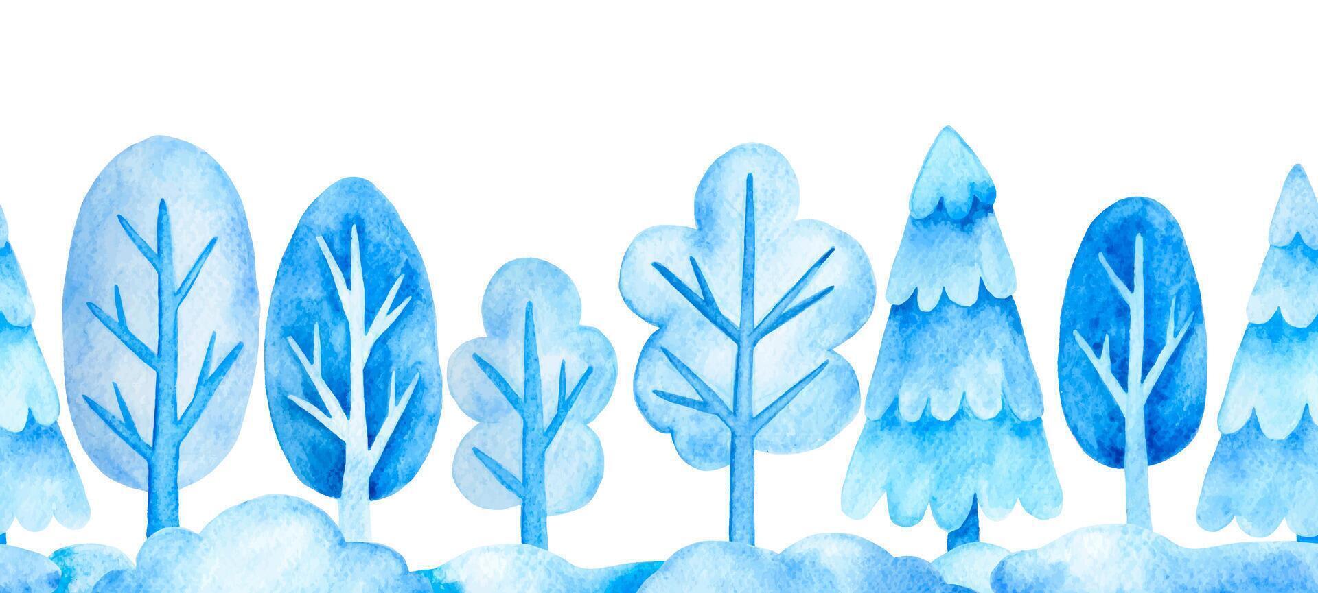 watercolor seamless border with winter trees and fir trees, snowdrifts. Christmas frame, winter, new year. vector