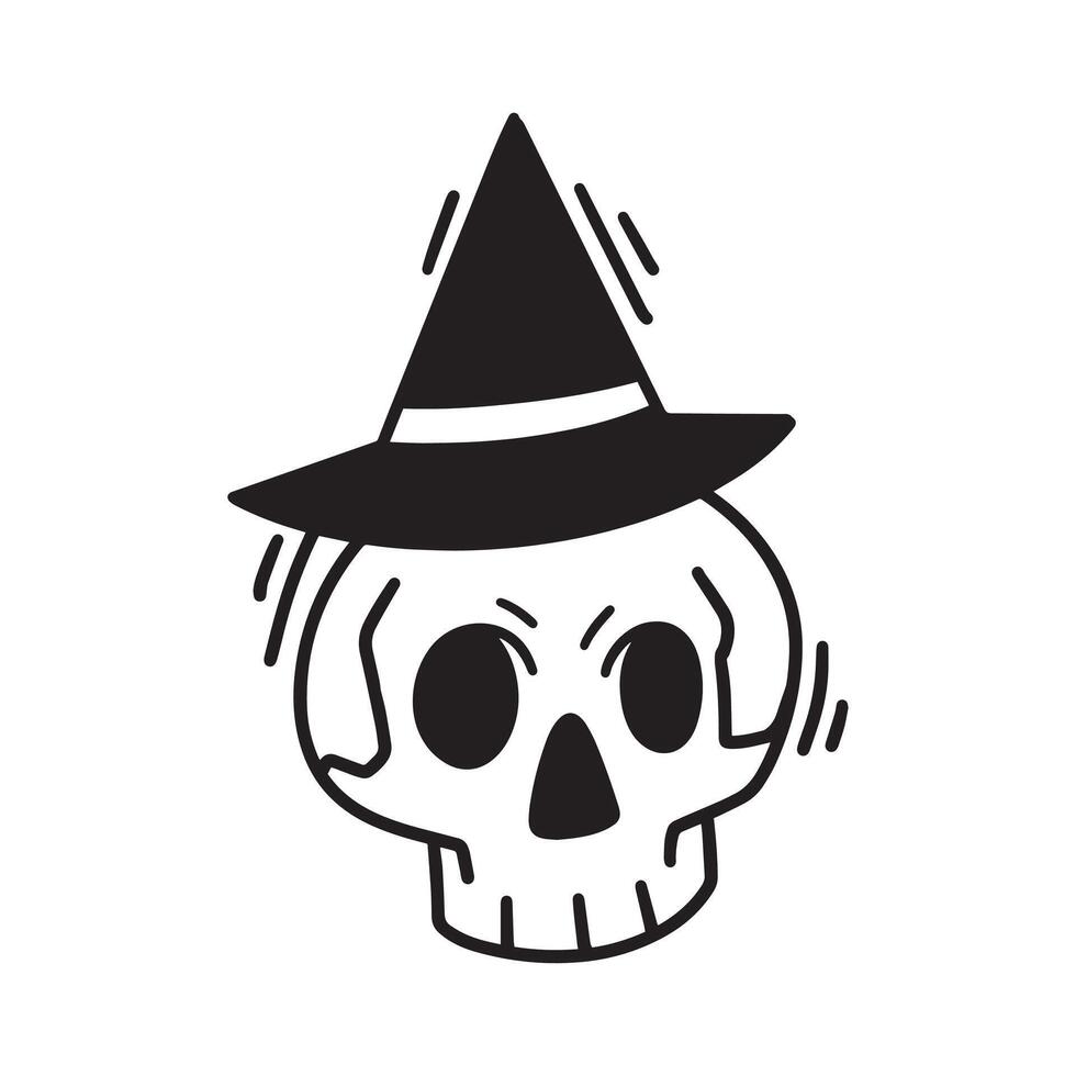 Hand Drawn Skull With Hat Outline Illustration vector