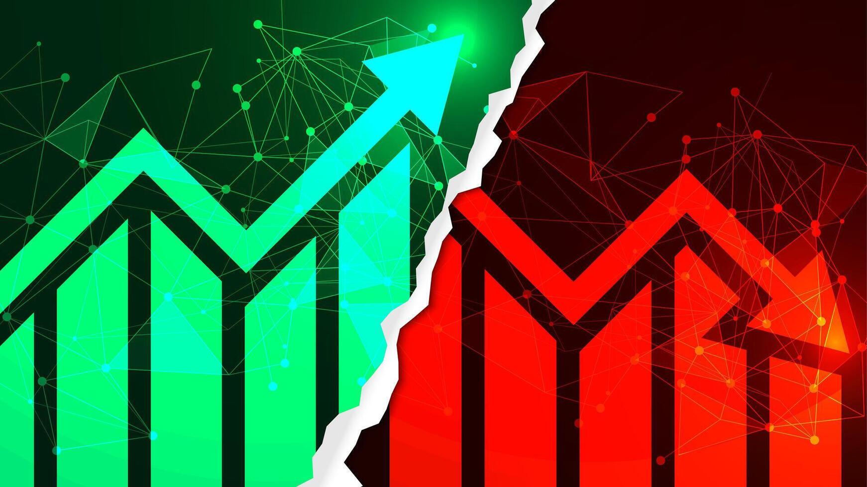 Stock market illustration. Comparison chart between bullish and bearish. Up and down trading concept with candlestick and arrow bar charts vector