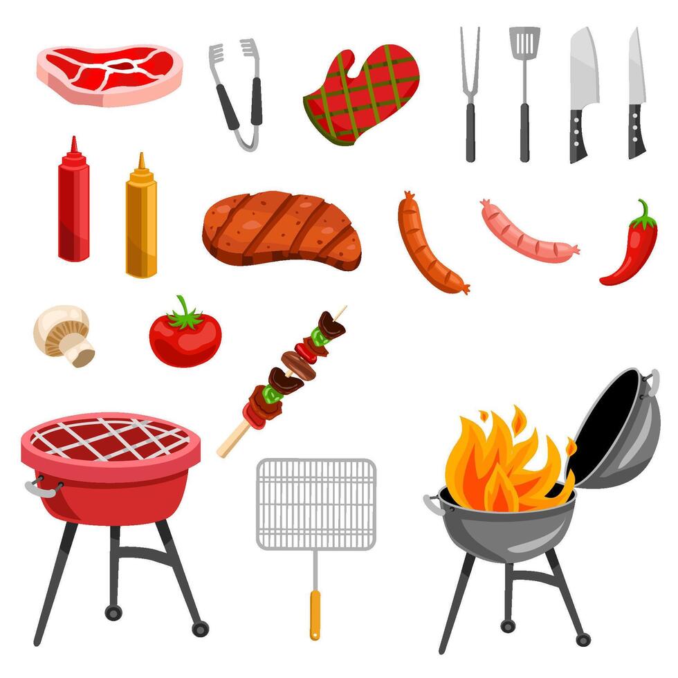 Set of Barbecue Equipment and Ingridient vector