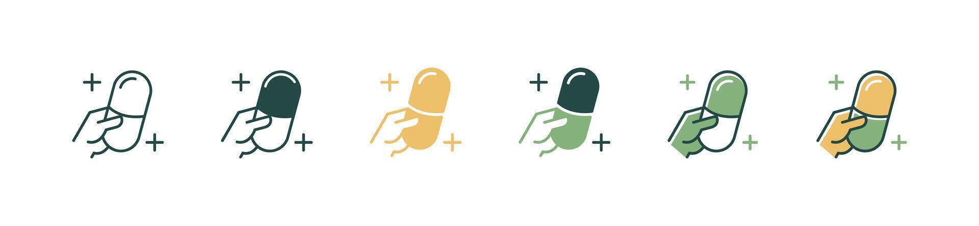 hand holding a medicine pill icon set medical capsule prescription health care illustration vector