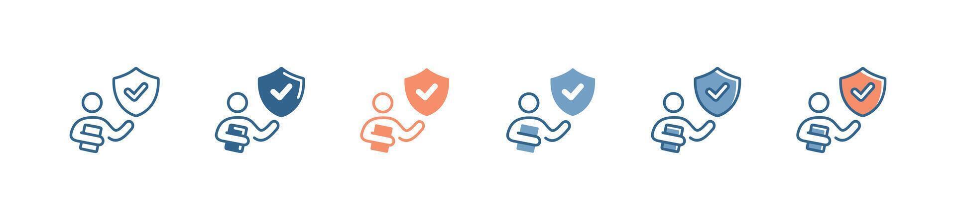 people holding a shield insurance icon set with checkmark guard life insurance illustration for web and app design vector