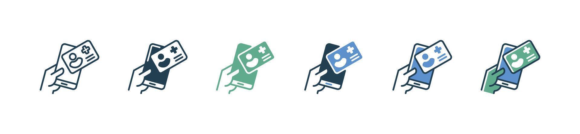 online mobile health card insurance icon set hand holding phone digital hospital medical check-up assistant illustration vector