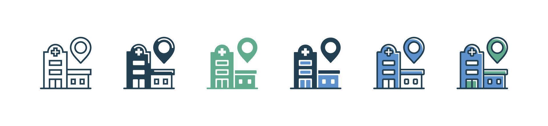 hospital building with pin location icon set medicals emergency health care illustration for web and app vector