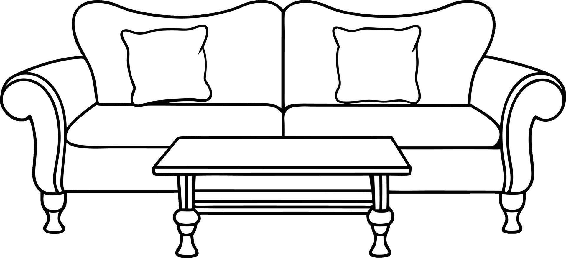 This is an outline of a classic leather sofa set with a T-shaped coffee table vector