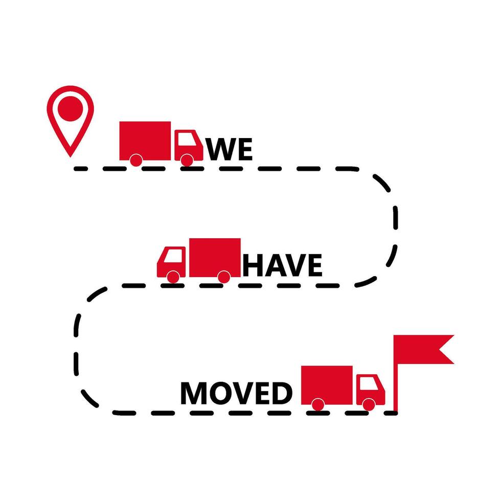 We have moved, label badge with lorry, relocation or change address, notice about move, announcement cargo update, tag and icon, pinpoint navigation, banner about moving home, illustration vector