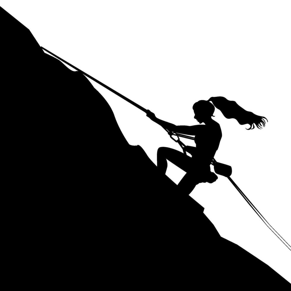Woman climber black silhouette, climbing up with rope, of adventure climbing extreme, high mountain outdoor illustration vector
