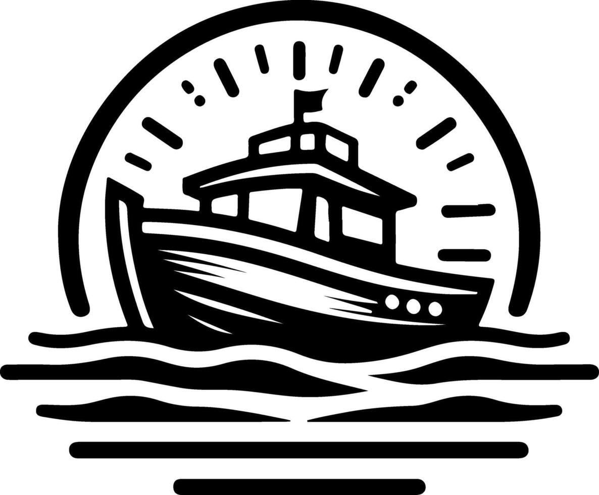 a black and white logo of a boat on the river water vector