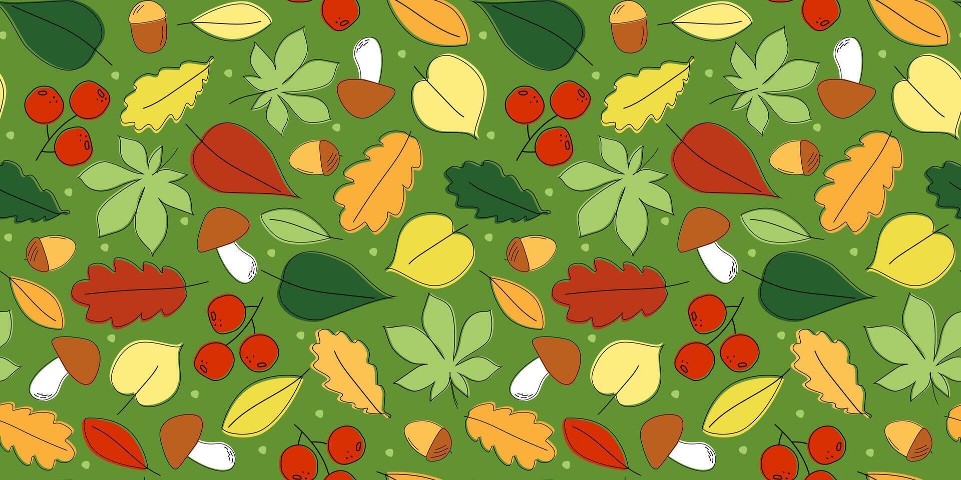 Seamless pattern with abstract leaves, berries, mushrooms. Forest natural plant print. vector