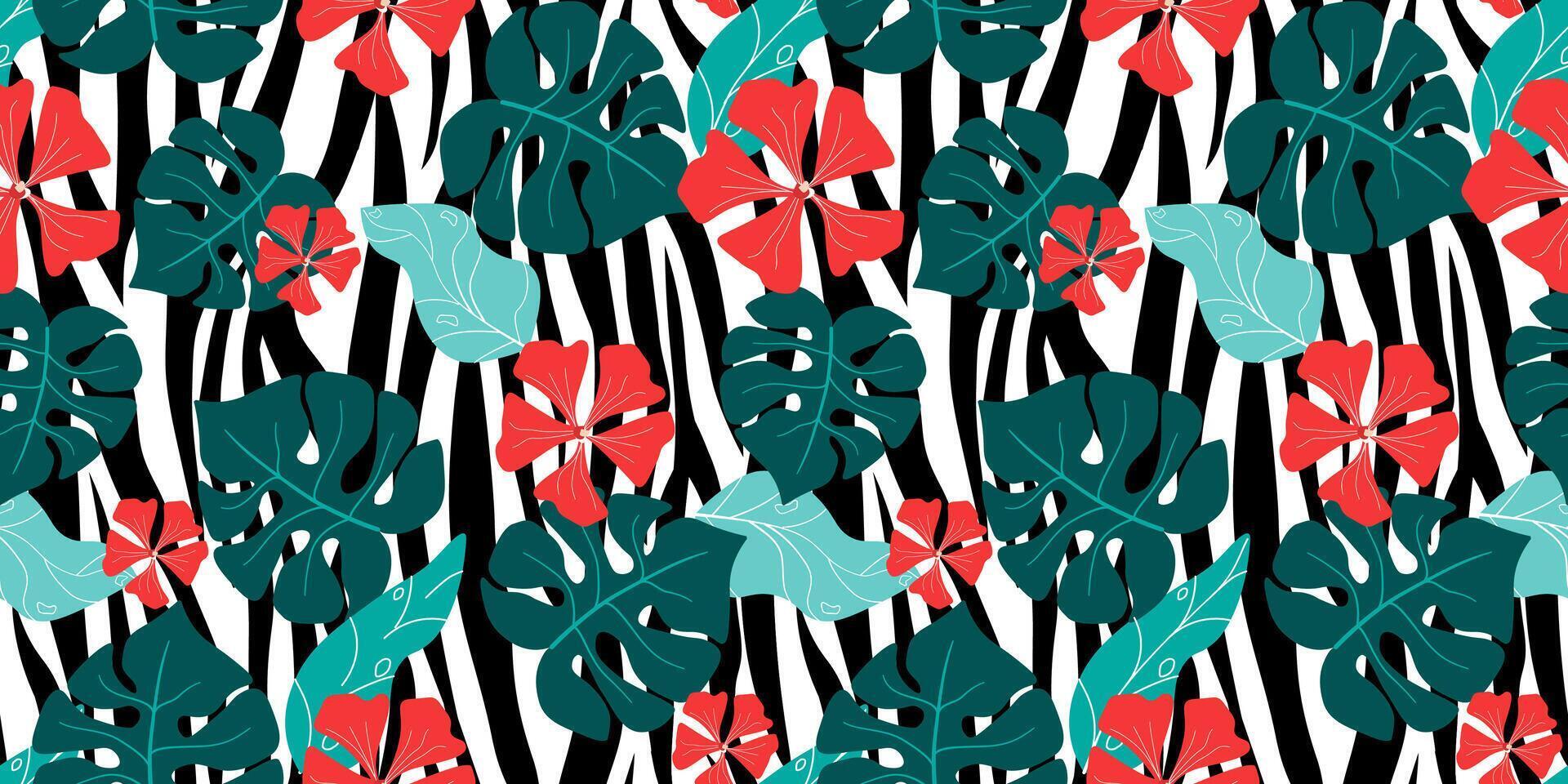 Seamless pattern with abstract tropical leaves and bright flowers on a background of animal print. Summer exotic pattern for fabric, textiles, packaging. vector