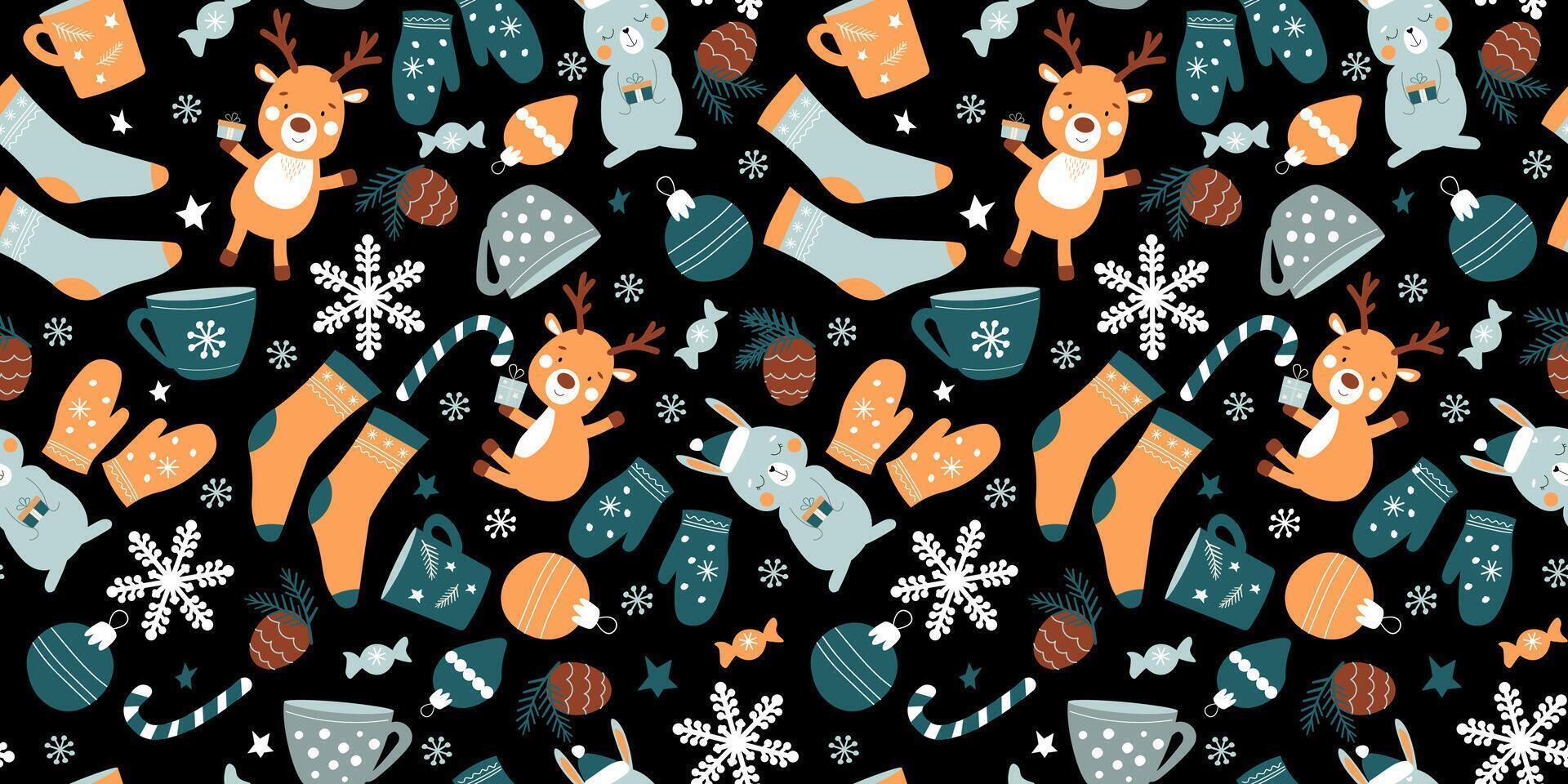 Seamless pattern with cute winter cozy ornament. Funny deer, hares against the background of snowflakes, cones, cups, mittens. vector