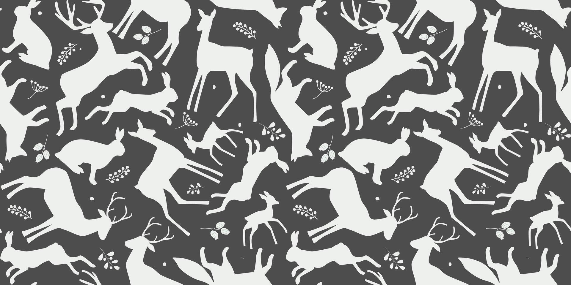 Seamless pattern with silhouettes of forest animals. Abstract hares, deer, foxes, fawns, on a monochrome print. vector