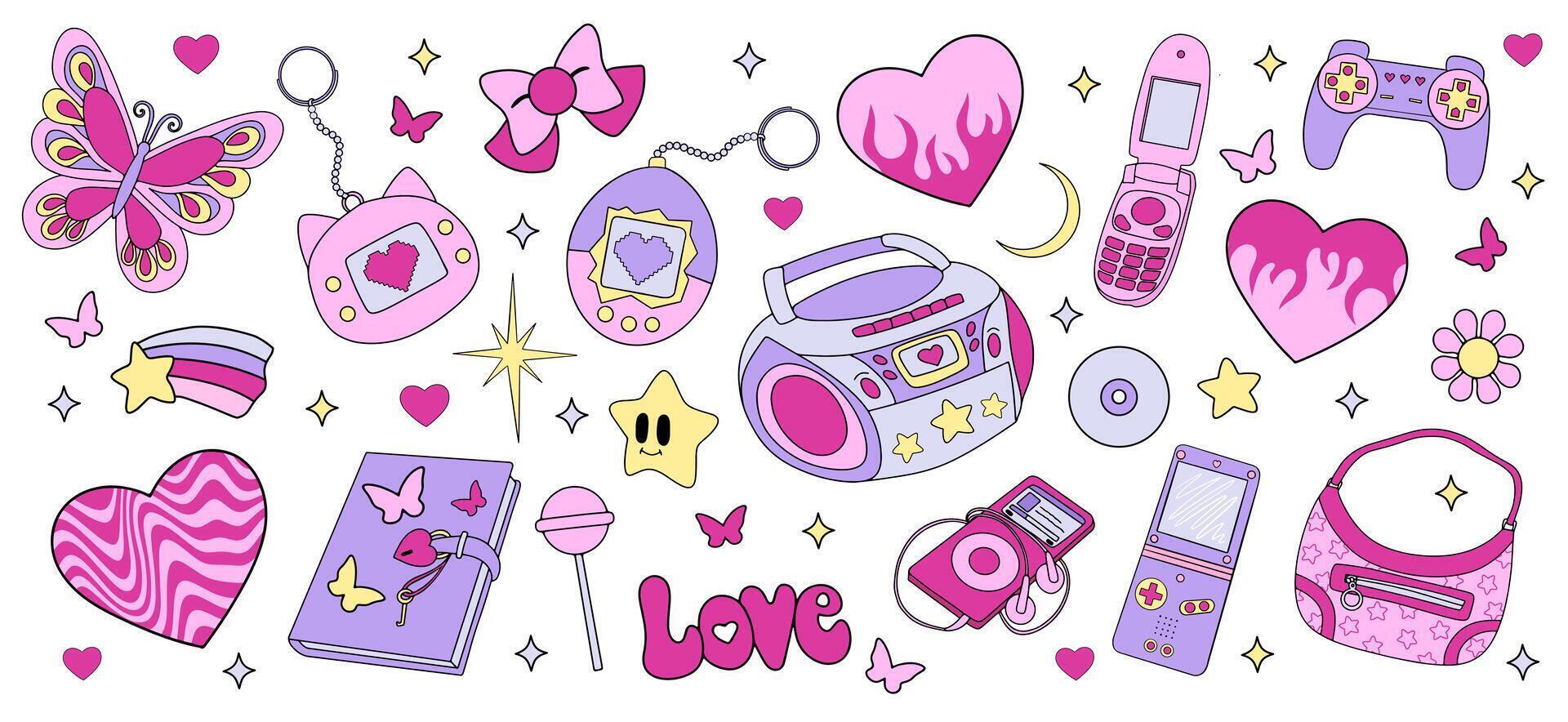 Y2k pink stickers set. Cute elements for girl. vector