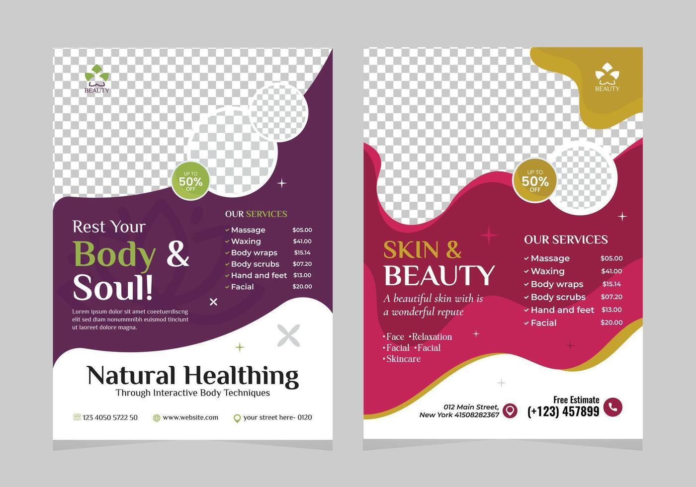 Beauty and spa flyer design template. spa center poster with treatment or relaxing premium style layout design vector