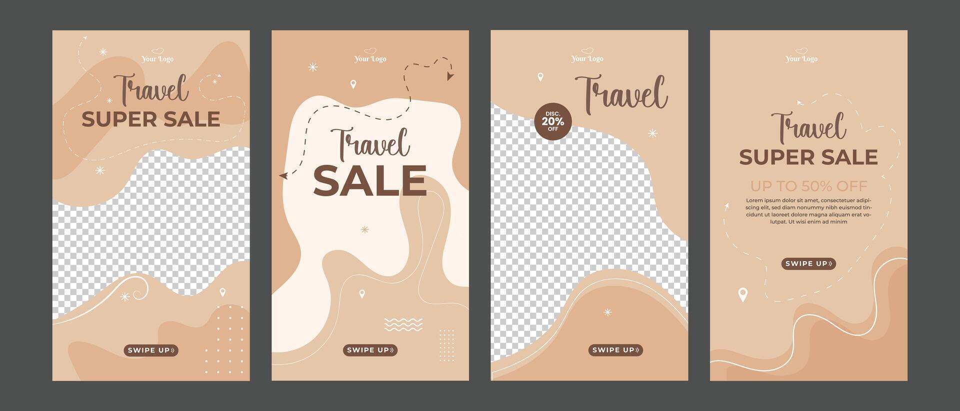 Travel vacation editable templates set for stories. Summertime beach vacation, travel time layouts vector