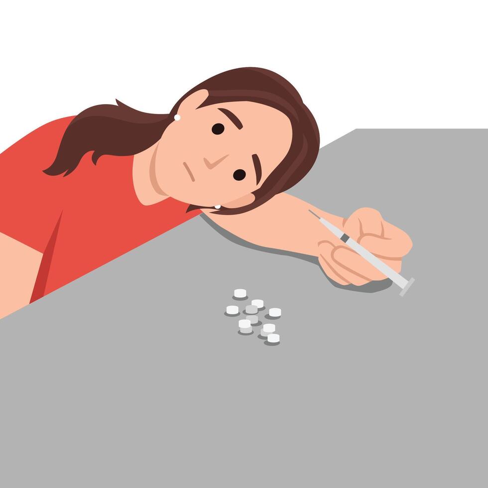 Young addicted girl needs doctor help to stop using antidepressants and narcotic substances. vector