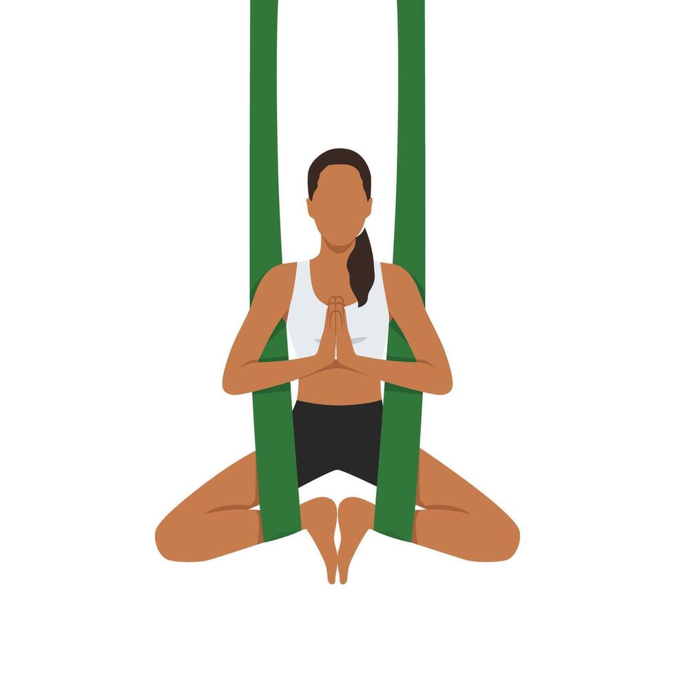 Young woman doing Bound Angle Pose Aerial or Baddha Konasana Aerial yoga exercise. vector
