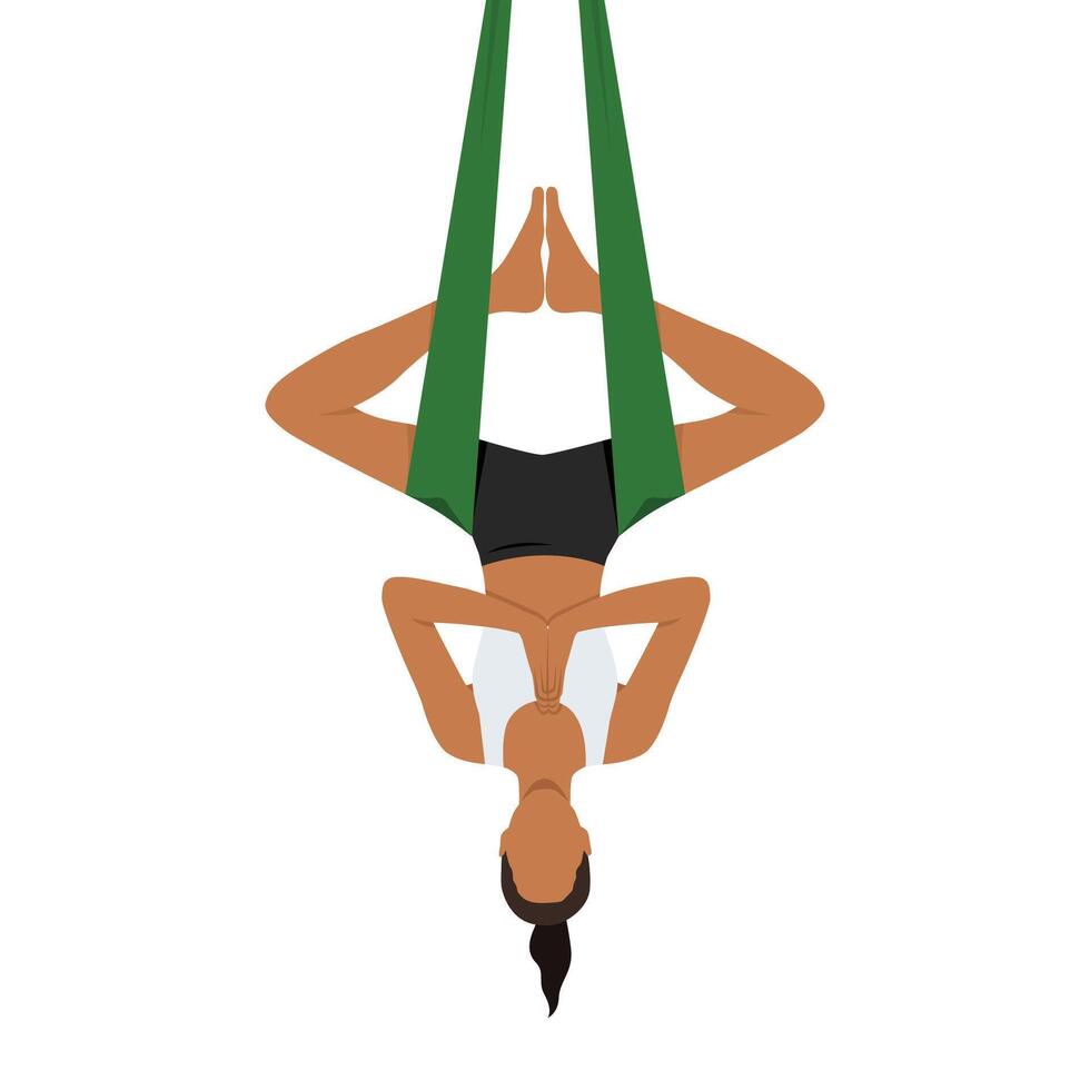 Young woman doing Half Bound Angle Pose Inverted Aerial or Ardha Baddha Konasana Viparita Aerial. vector
