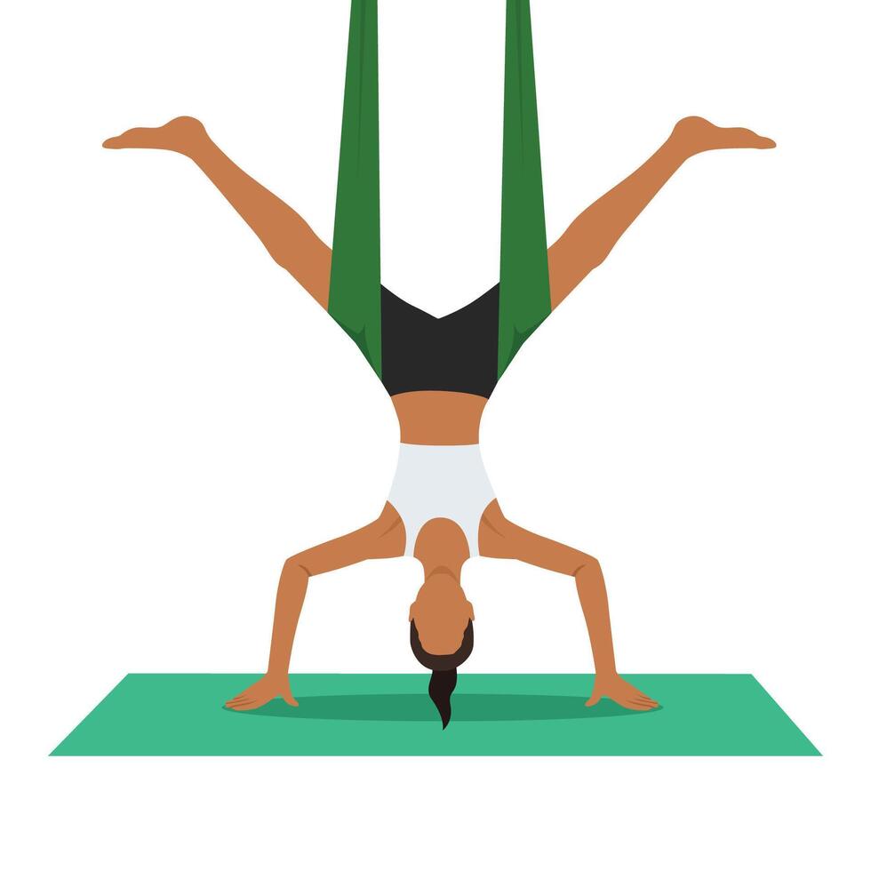 Young woman doing Five Pointed Star Pose Inverted Aerial or Utthita Tadasana Viparita Aerial yoga exercise. vector