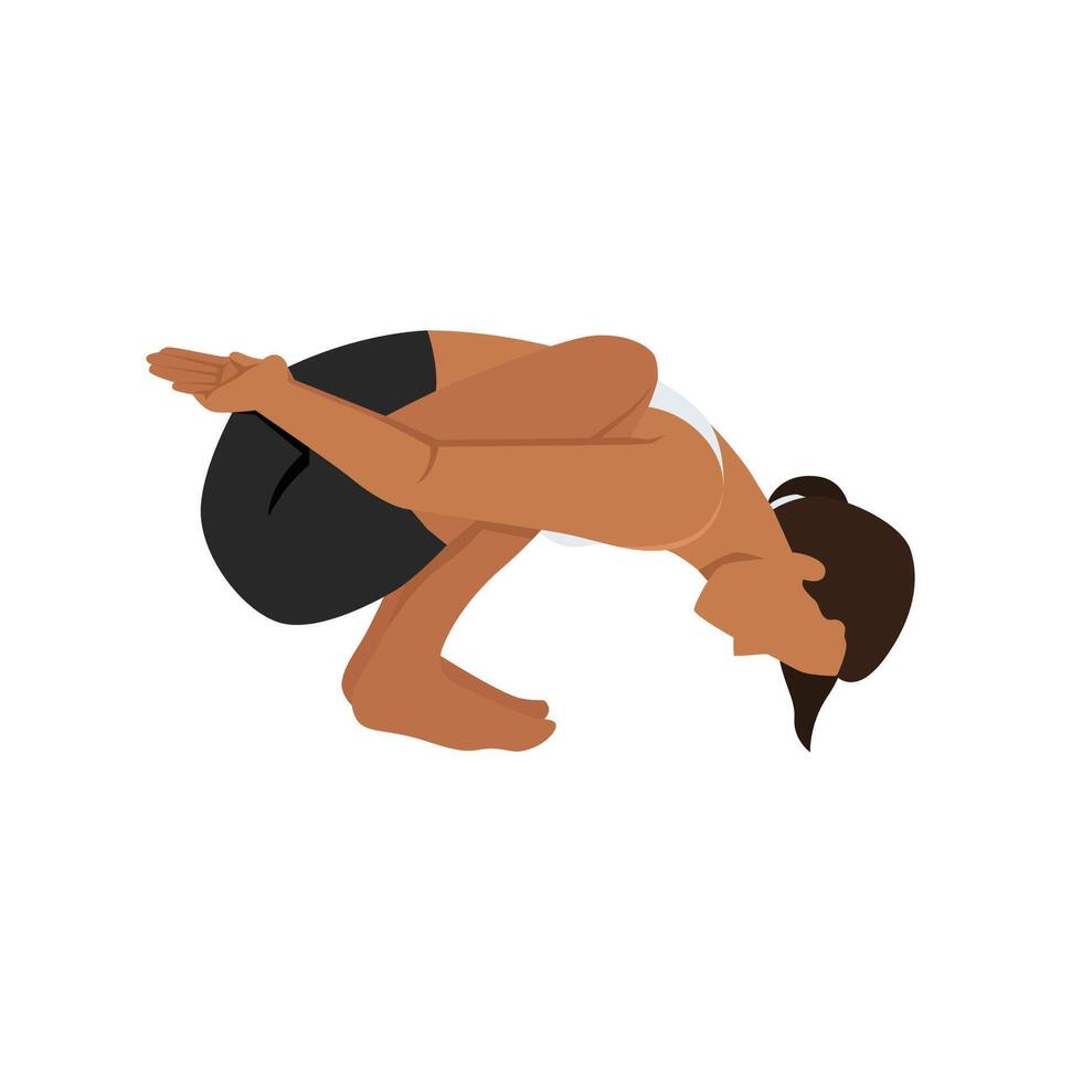 Young woman doing Bound Garland Pose Forward Bend or Baddha Malasana Forward Bend yoga exercise. vector