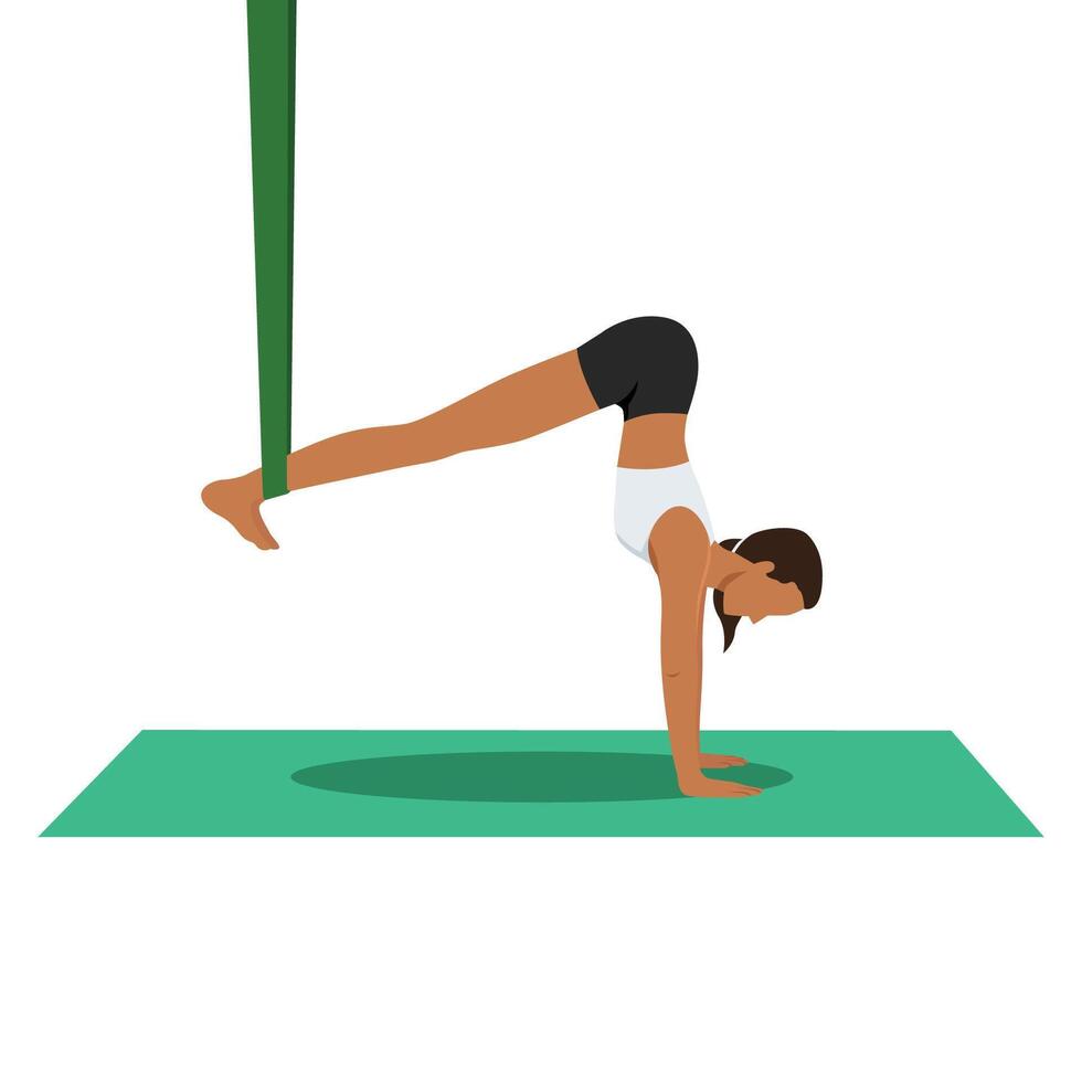 Young woman doing Handstand Pose Prep Aerial or Adho Mukha Vrksasana Prep Aerial yoga exercise. vector
