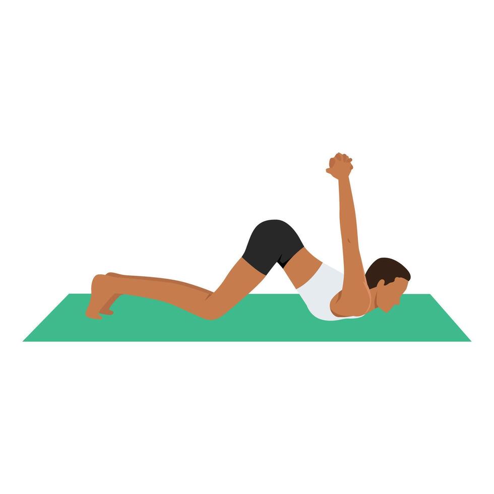 Young woman doing Eight Limbed Pose Bound Hands or Ashtangasana Baddha Hasta yoga exercise. vector