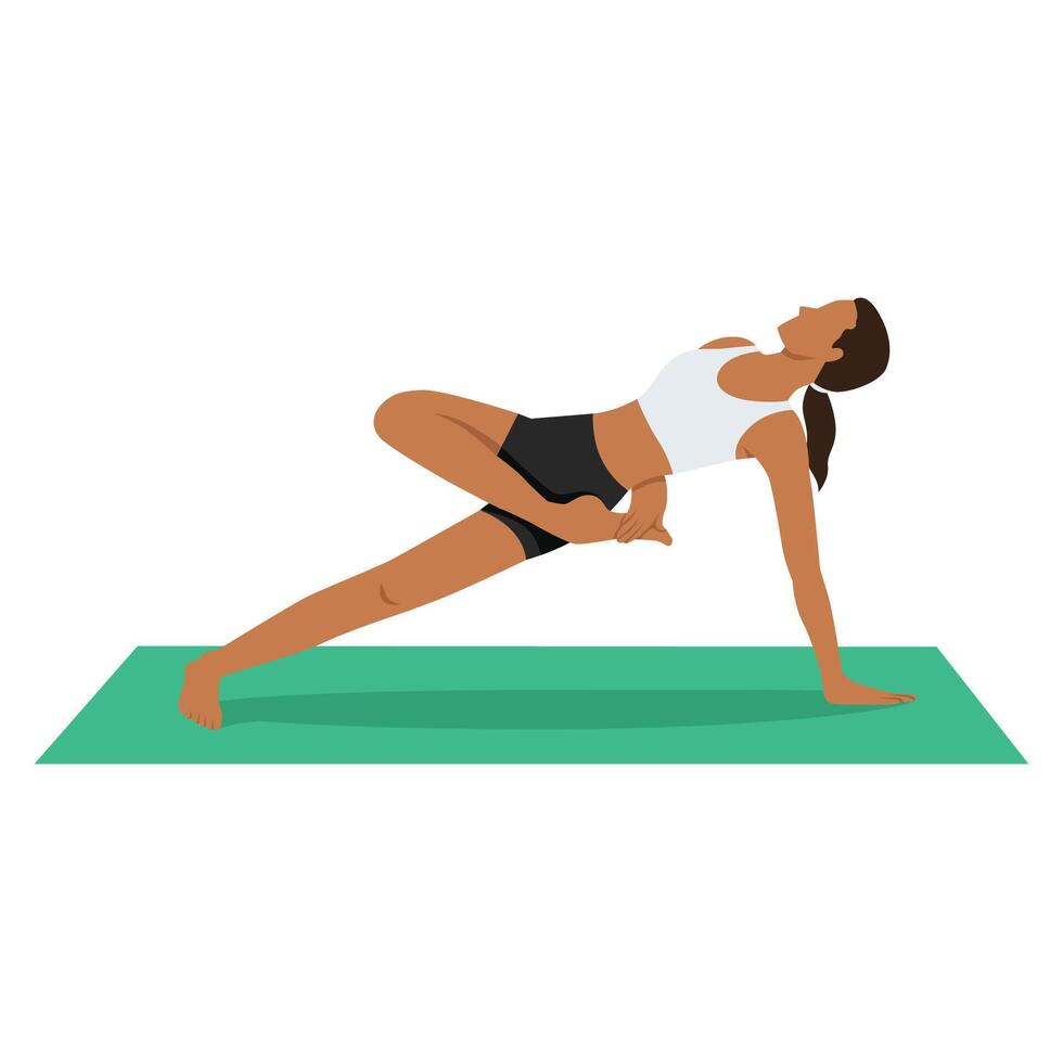 Young woman doing Side Plank Variation Revolved Half Bound Pose or Vasisthasana Variation Parivrtta Ardha Baddha Asana. vector