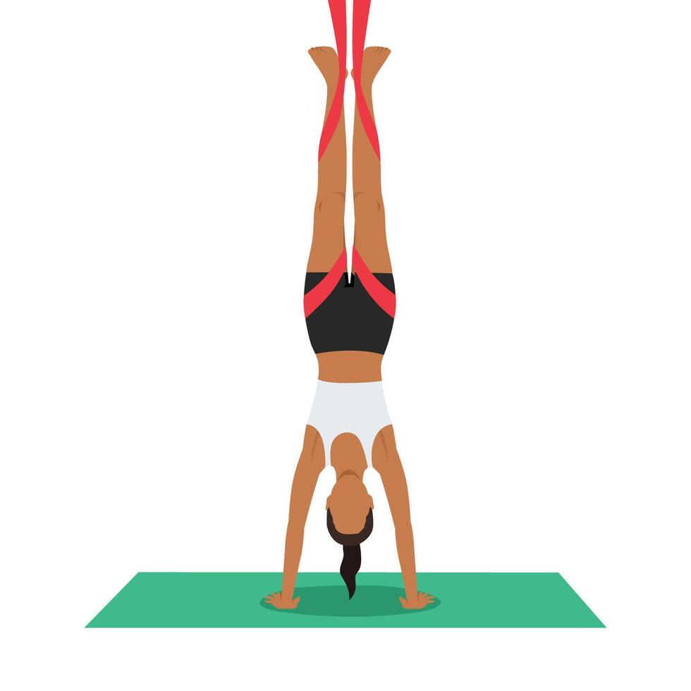 Young woman doing Handstand Pose Aerial or Adho Mukha Vrksasana Aerial yoga exercise. vector