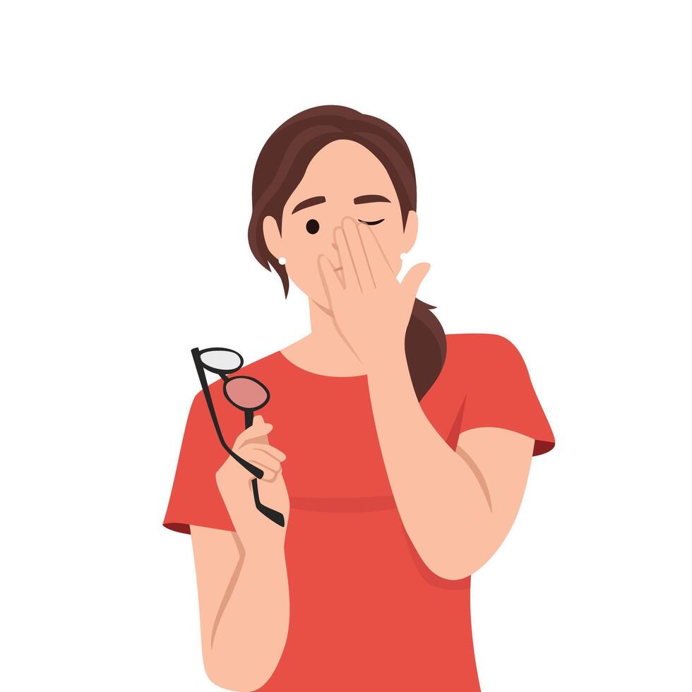 Young woman rubbing and wiping eyes and holding glasses. vector
