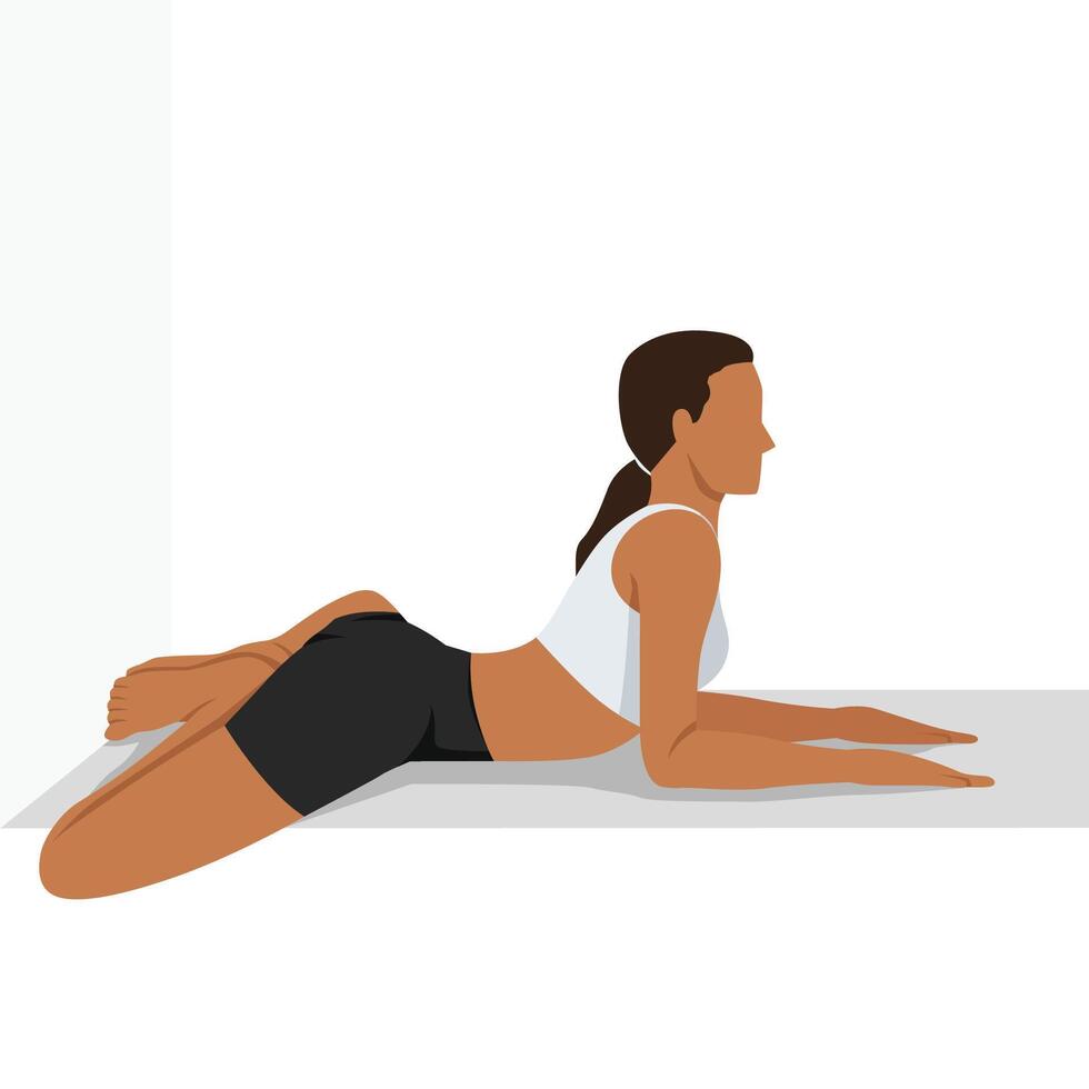 Woman doing Sphinx Pose Bound Angle Legs Wall or Salamba Bhujangasana Pada Baddha Konasana Wall. vector