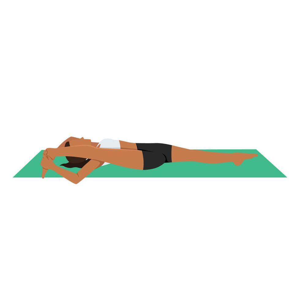 Young woman doing Supine Splits Pose or Supta Trivikramasana yoga exercise. vector
