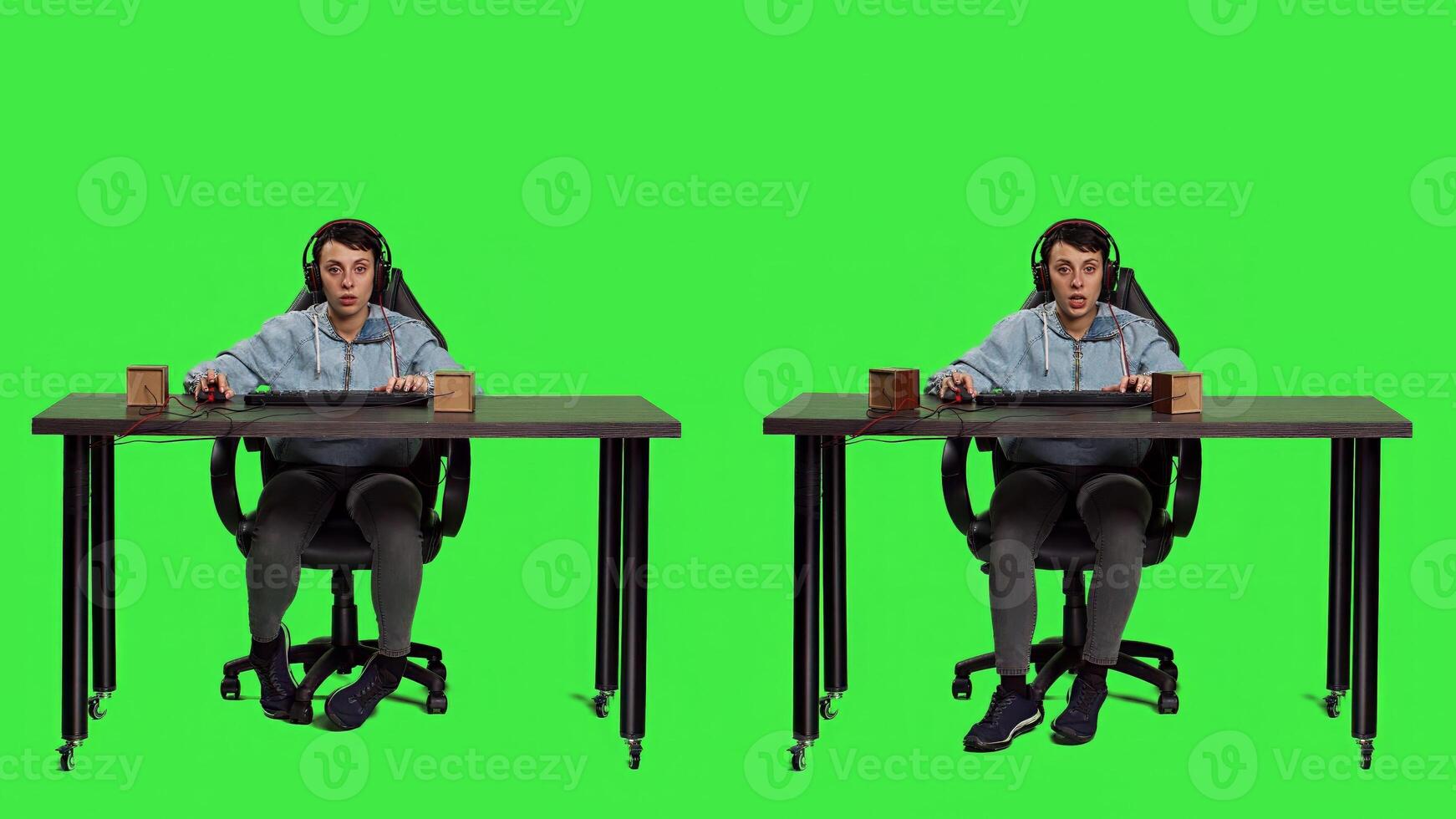 POV of gamer playing games online on computer and winning, celebrating victory after participating in gaming tournament on pc at desk. Player having fun with games against greenscreen. Camera A. photo